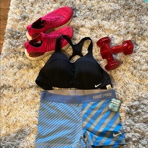 Nike Pro Blue Striped Shorts and Black Bra Set